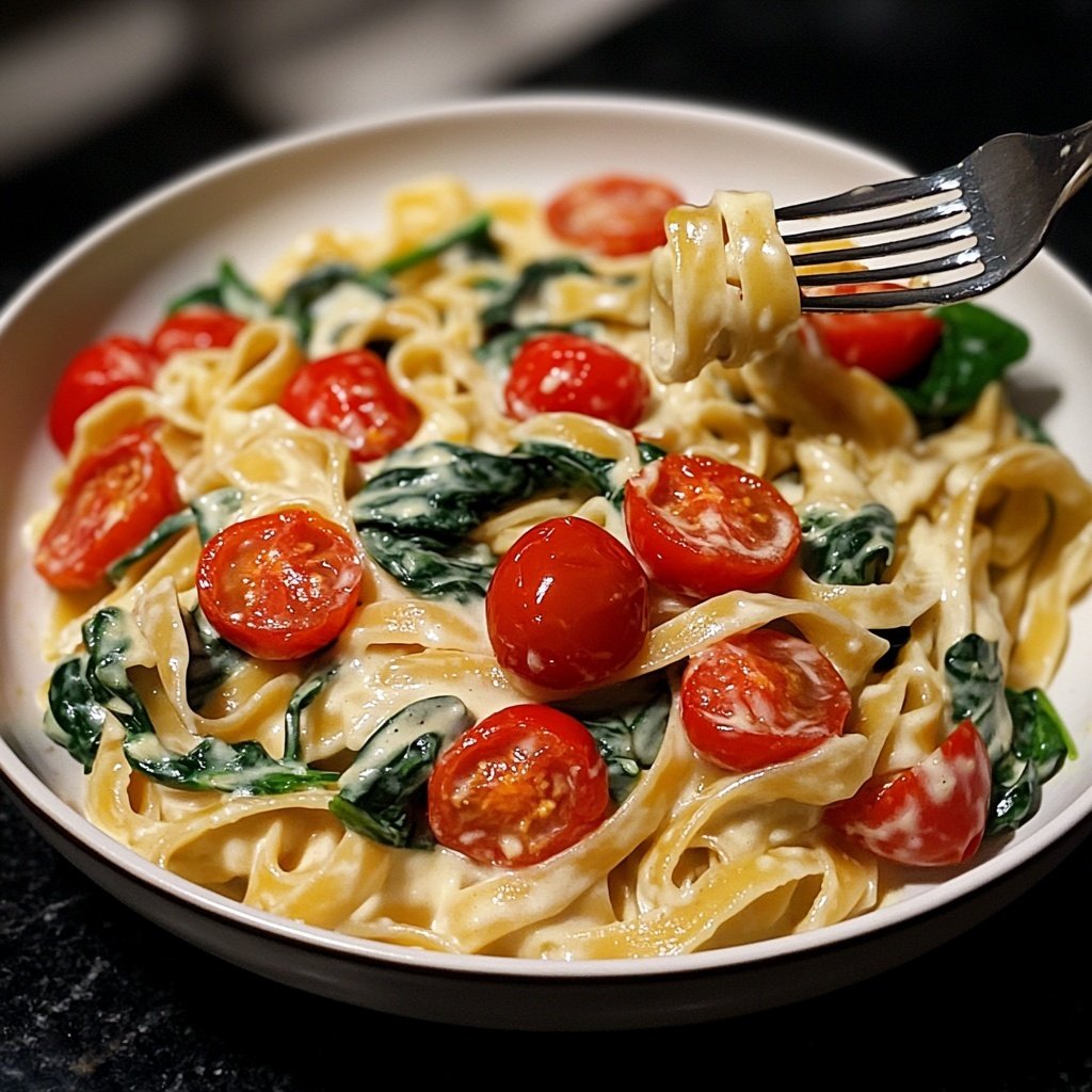 One-Pot Pasta mit Tomaten & Spinat