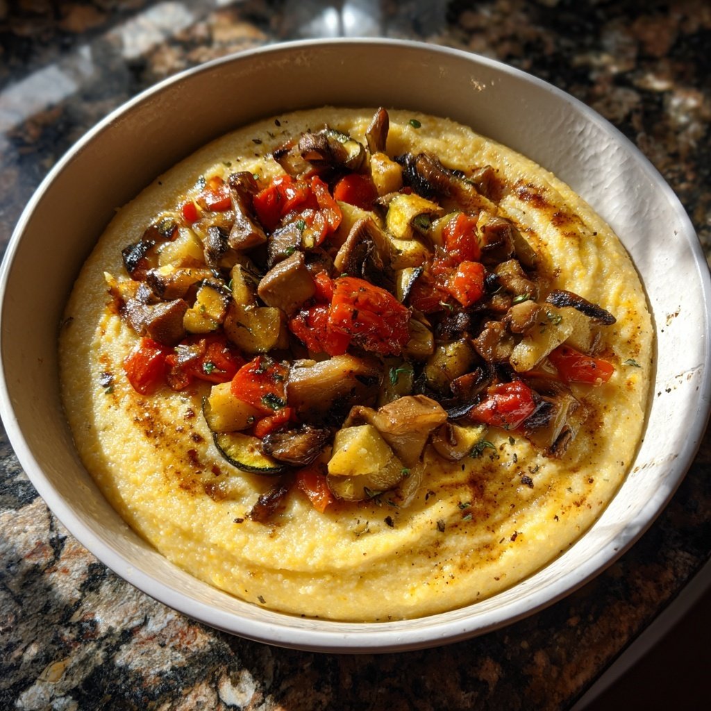 Abendessen mit cremiger Polenta und Gemüse