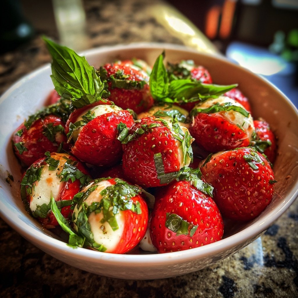 Caprese mit Erdbeeren und Basilikum