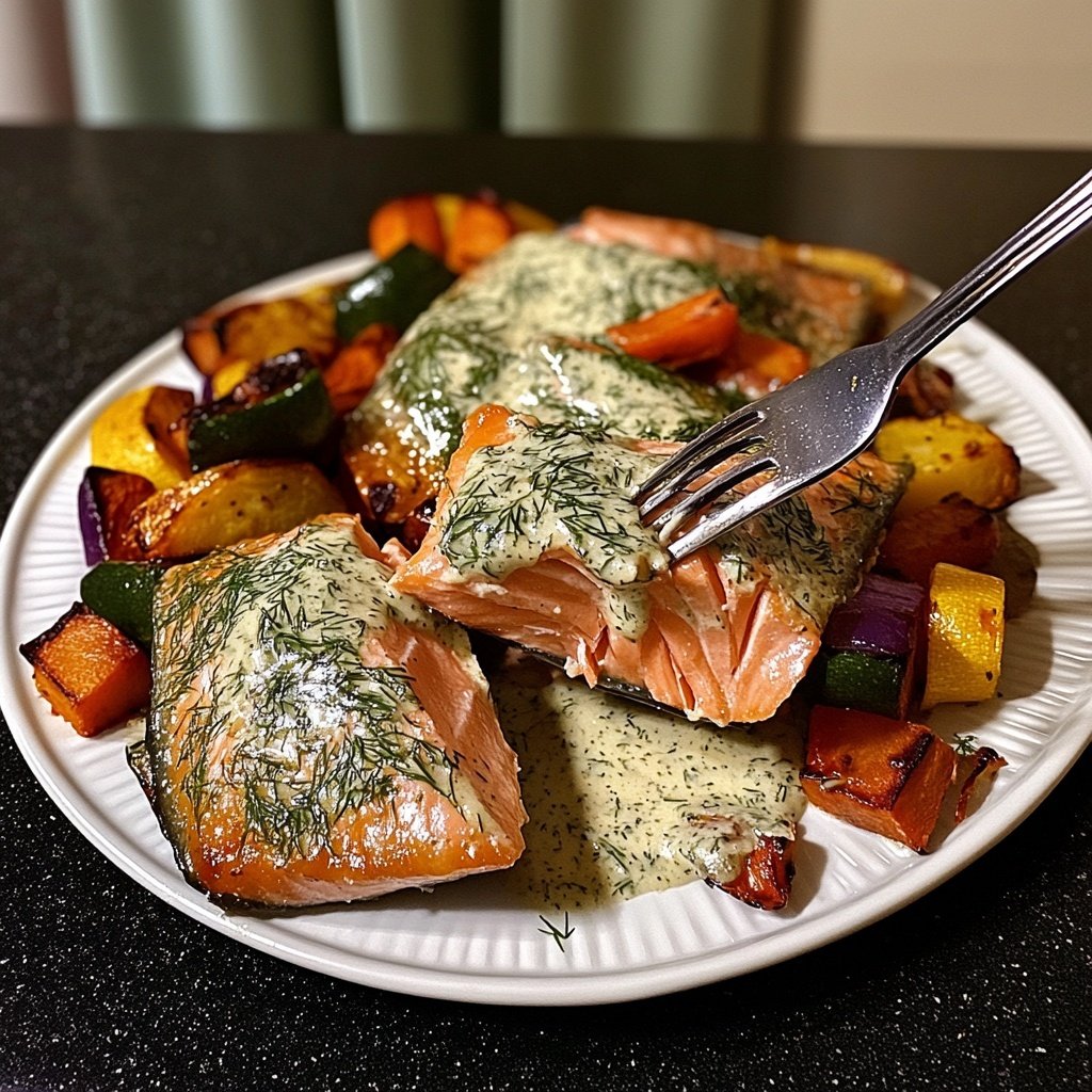 Lachs mit Ofengemüse & Zitronen-Dill-Sauce