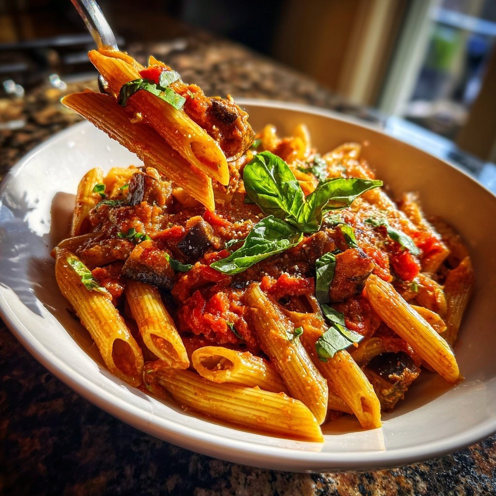 Penne mit Auberginen und Tomatensauce